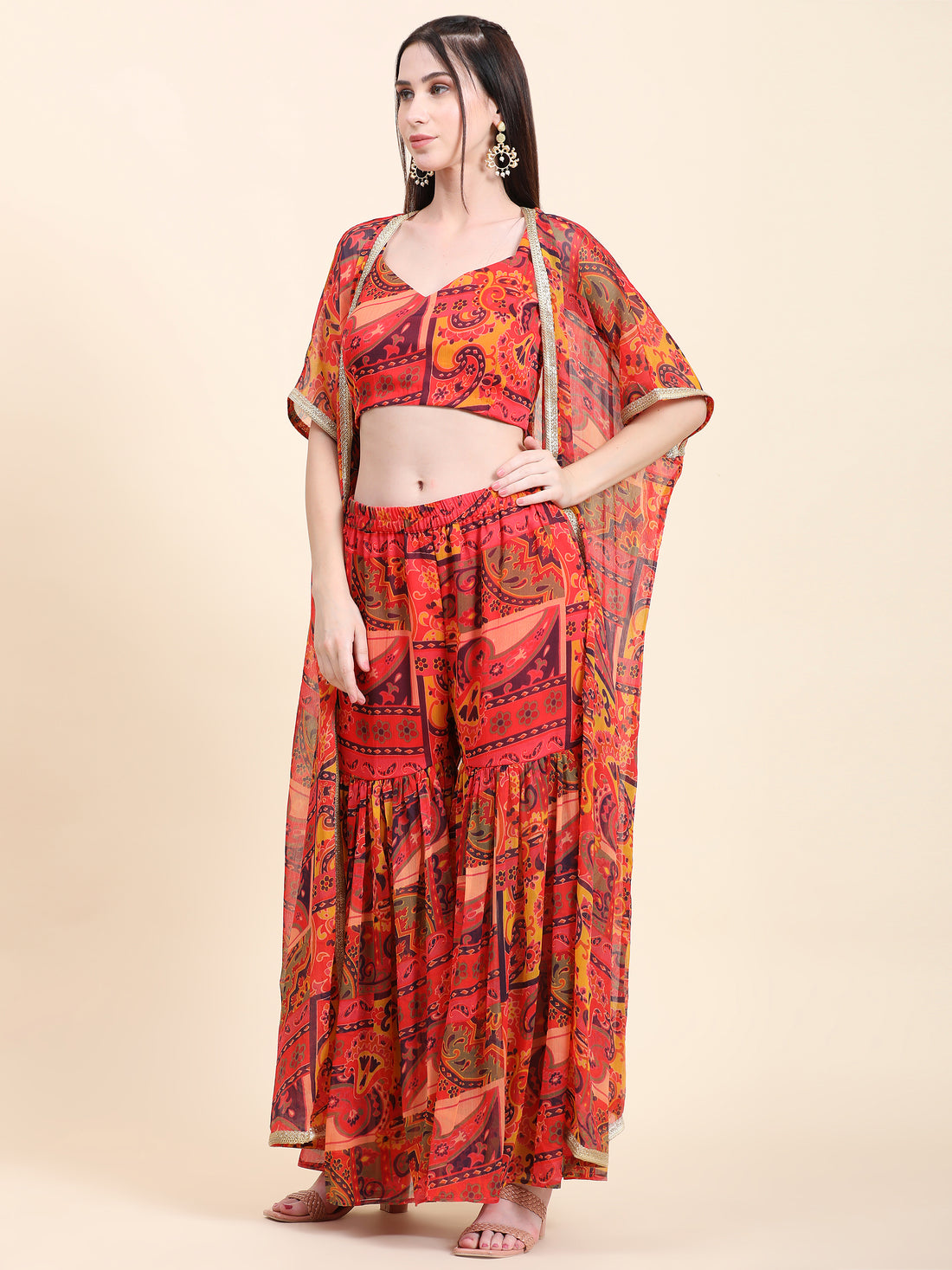 Miracolos Printed Chiffon Red base Blouse Cape Sharara  Set - rent