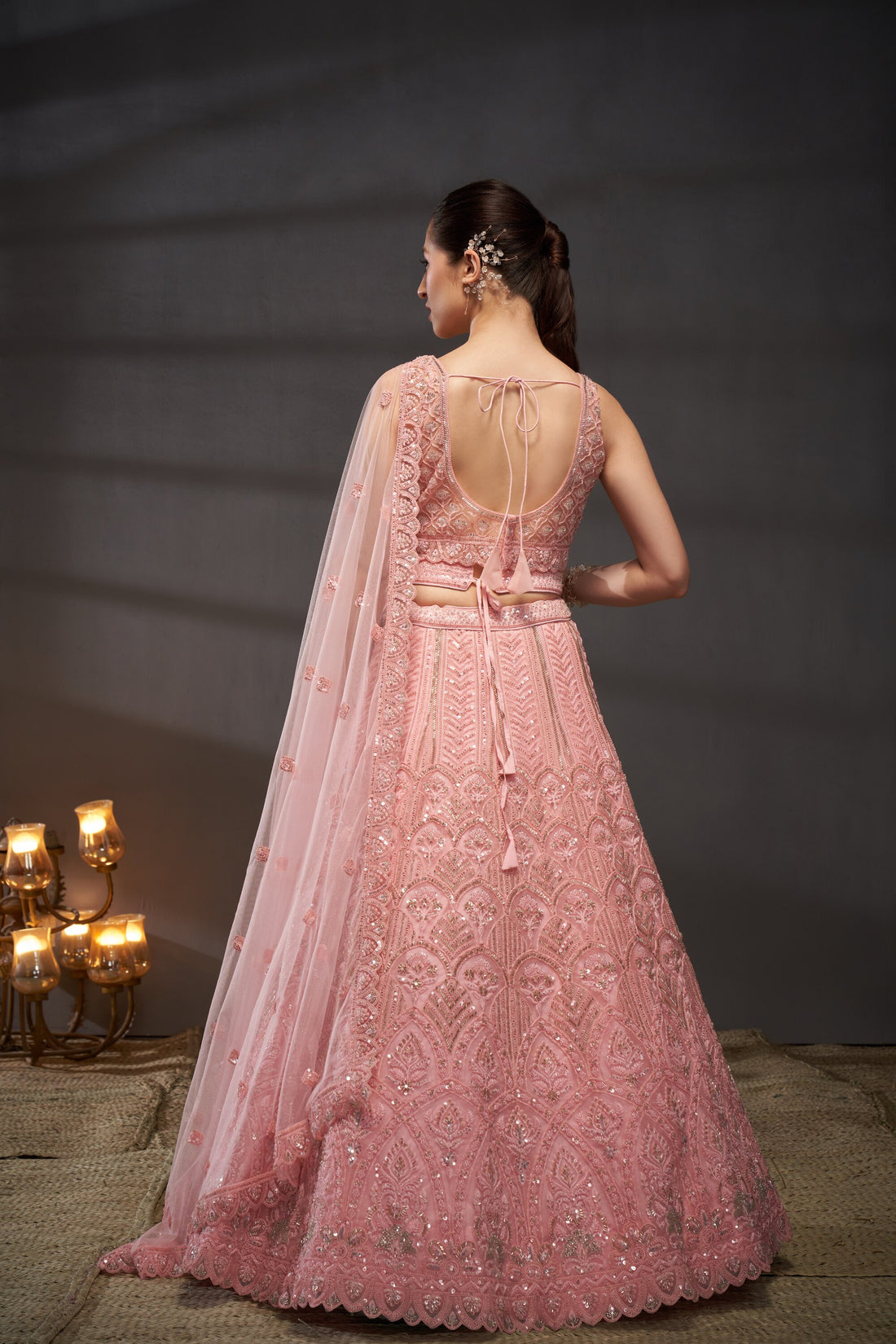 Pink Net Cutdana, Sequins and Zarkan  Lehenga choli & Dupatta - Rent