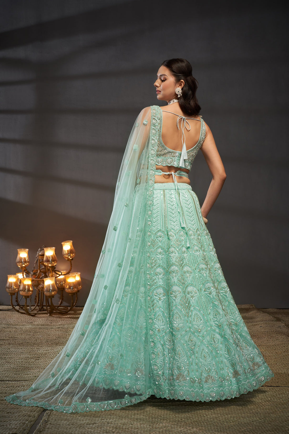 Turquoise blue Organza Sequins, Zarkan  Lehenga choli & Dupatta - Rent