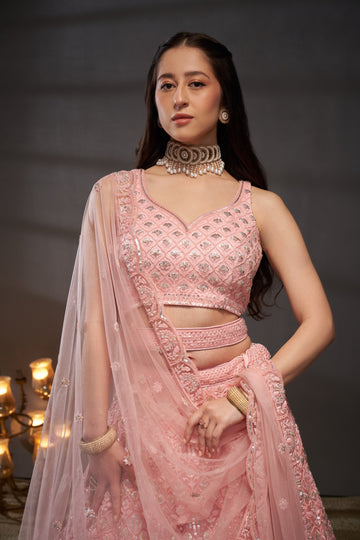 Pink Net Cutdana, Sequins and Zarkan  Lehenga choli & Dupatta - Rent