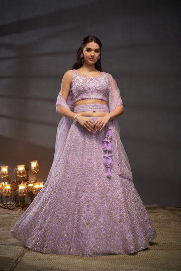 Lavender Net Cutdana, Sequins and Zarkan  Lehenga choli & Dupatta - Rent