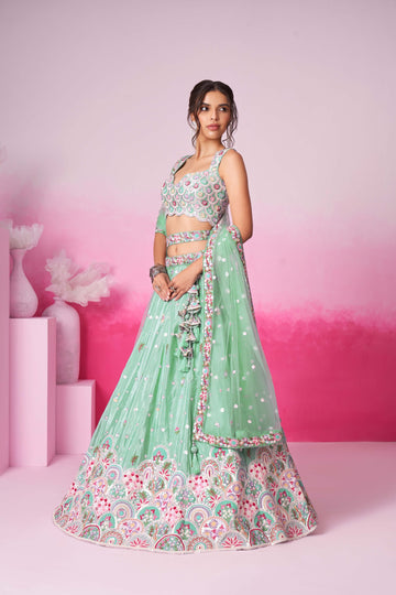 Lime Green Net Cutdana, Sequins and Zarkan  Lehenga choli & Dupatta - Rent