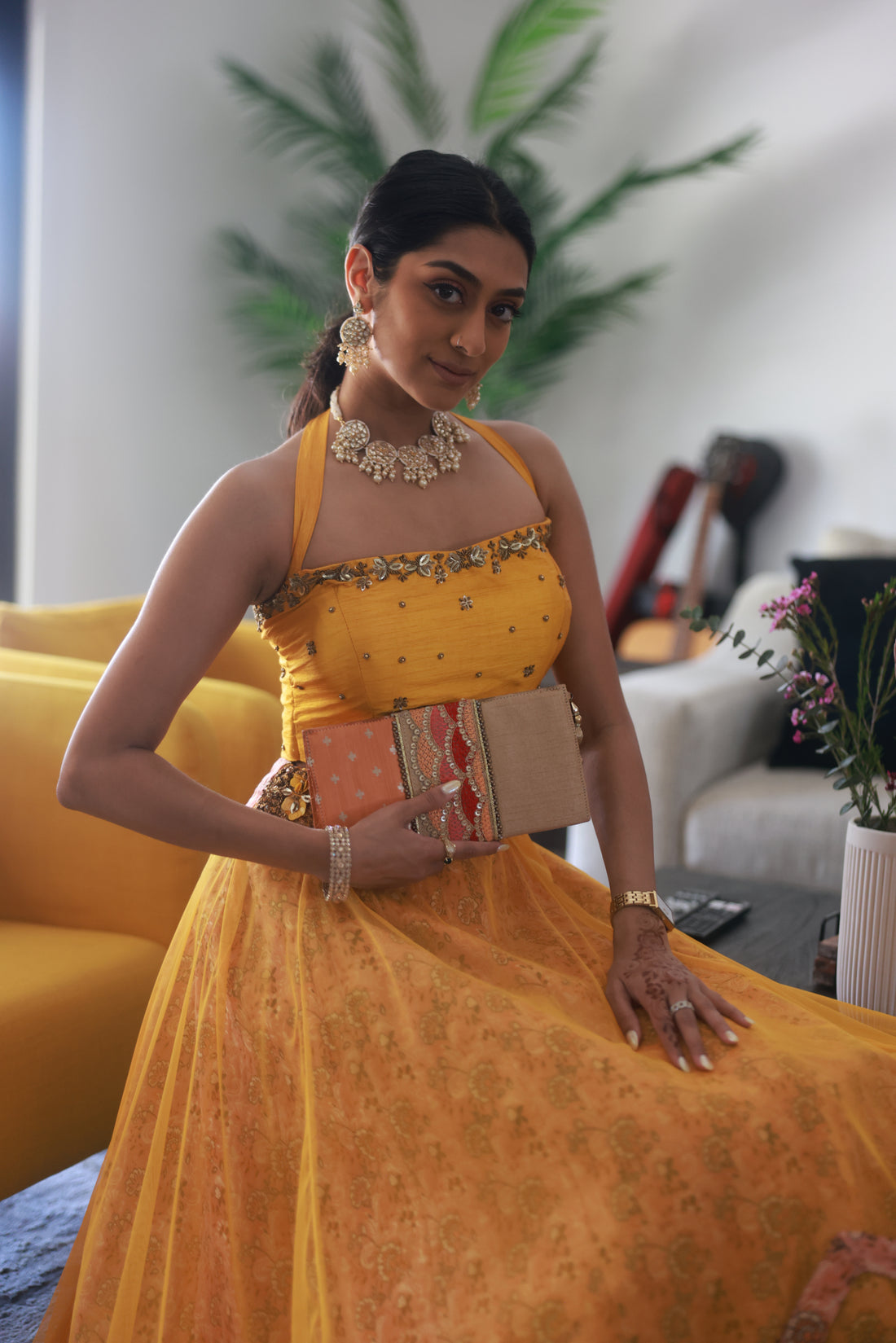 Designer Divya Kanakia's Yellow Embroidered Crop top-Skirt with patola print  - Rent