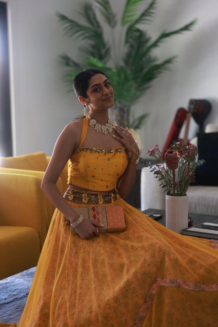Designer Divya Kanakia's Yellow Embroidered Crop top-Skirt with patola print  - Rent