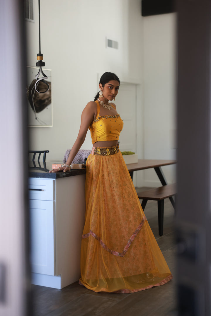 Designer Divya Kanakia's Yellow Embroidered Crop top-Skirt with patola print  - Rent