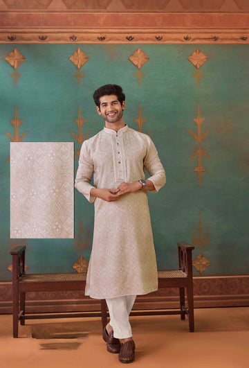 Beige Cotton Embroidered Woven Kurta Pyjama for Guest - RENT