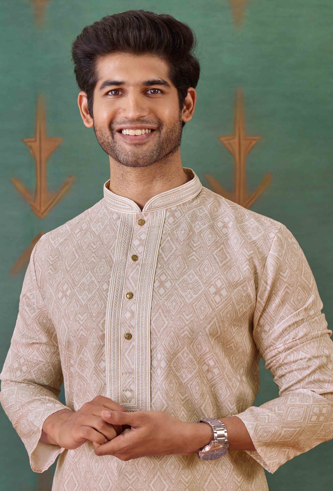 Beige Cotton Embroidered Woven Kurta Pyjama for Guest - RENT
