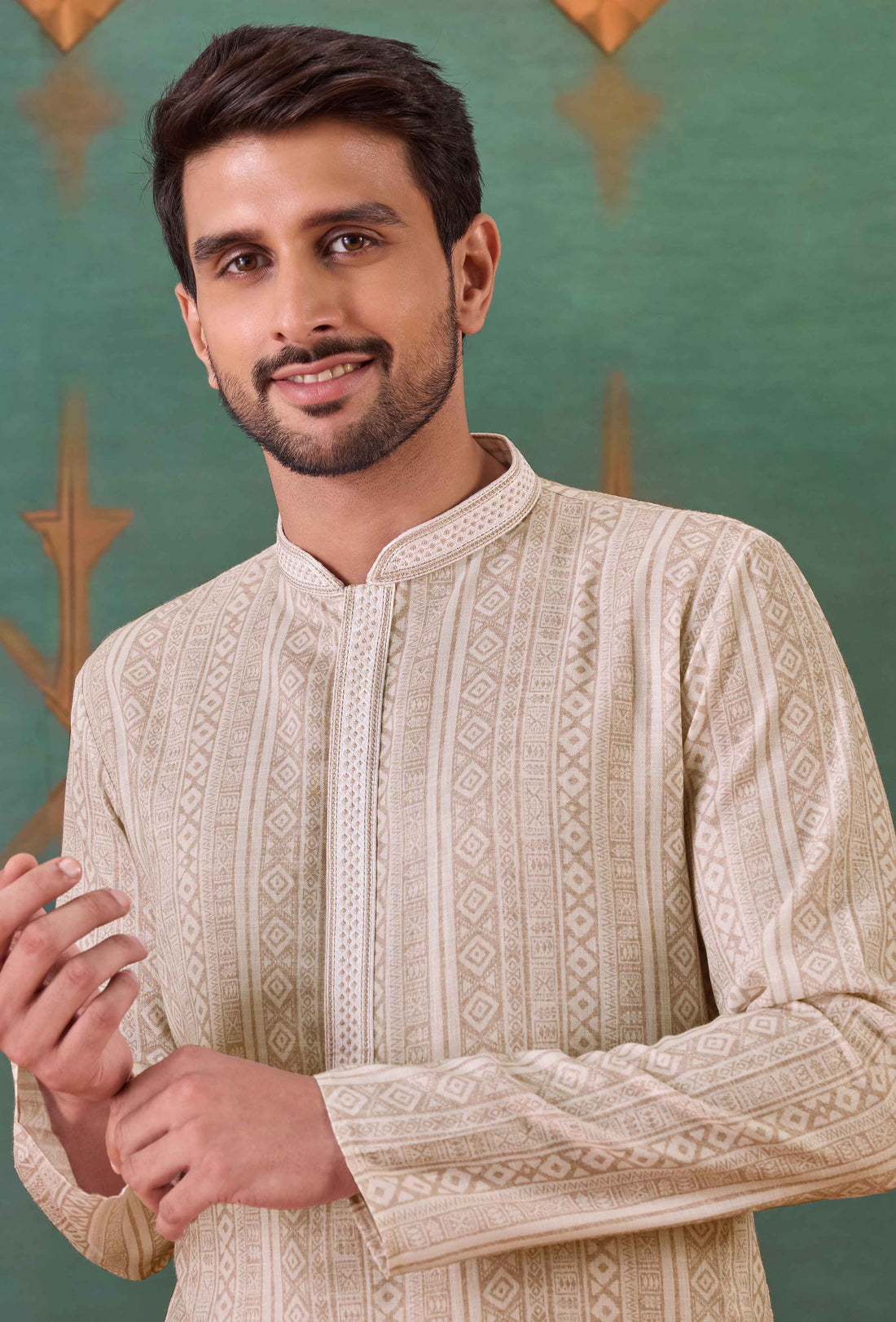 Beige Embroidered Woven Kurta Pyjama for Wedding- RENT