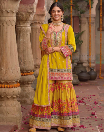 Elegant Yellow Chinon Kurti Set Digital Embroidery Top with Palazzo & Dupatta