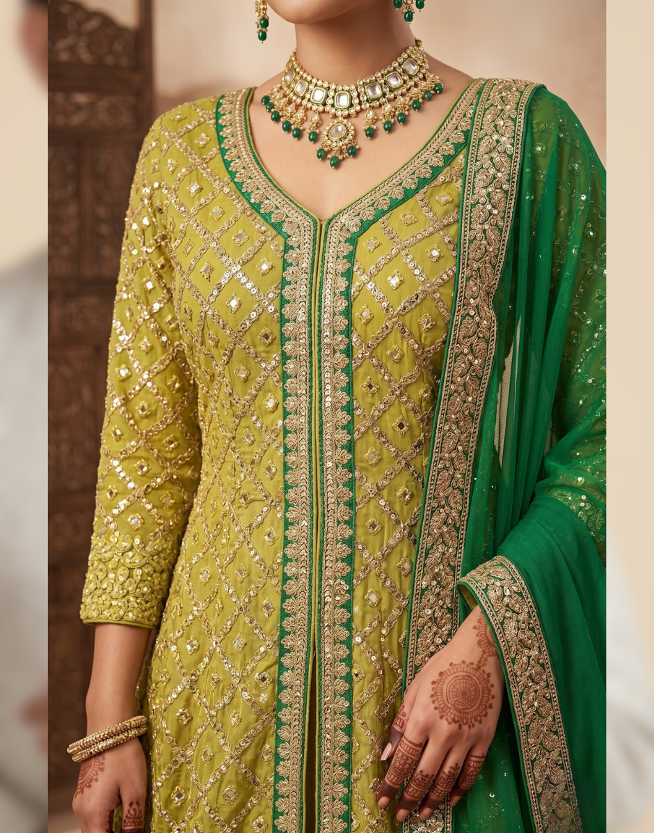 Elegant Olive Green Embroidered Anarkali Suit Set with Emerald Green Dupatta for Women