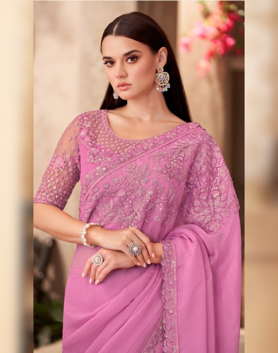 Shine in Silk Pink Chiffon Saree with Georgette Work Blouse for Festive Glam - Buy