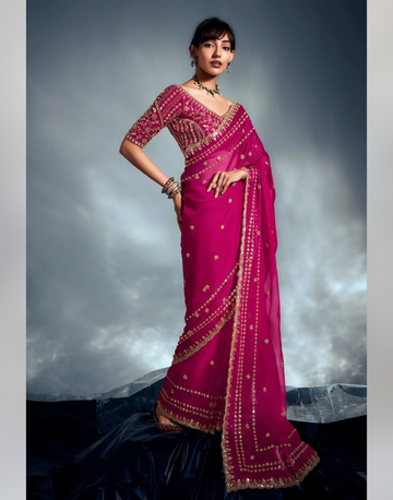 Charming Pink Pure Tissue Organza Saree Embellished Border with Moti, Cutdana & Sequin Handwork