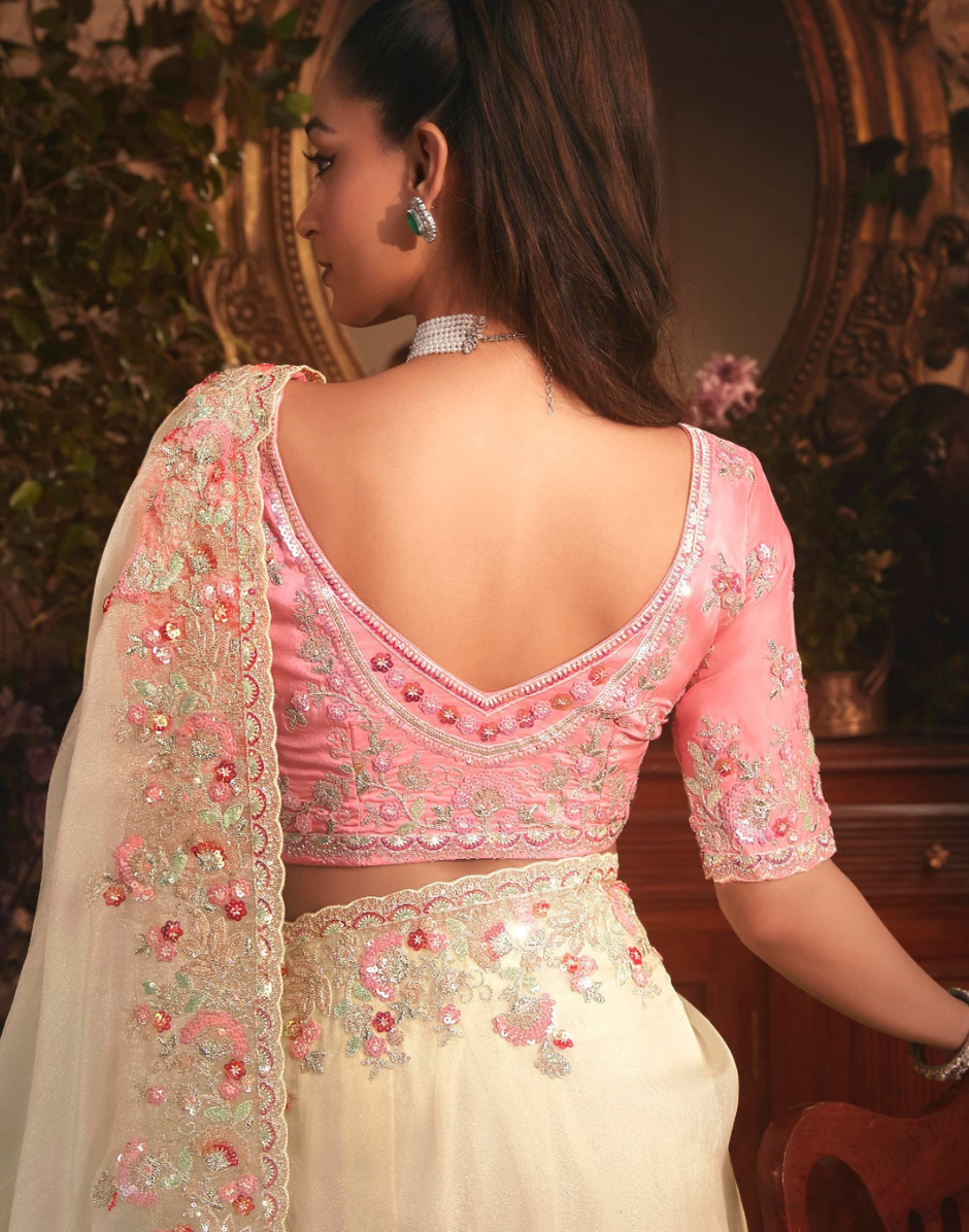 Graceful Cream Organza Saree with Rich Stone Work Border & All-Over Butta Embroidery Ideal for Weddings & Events - Buy