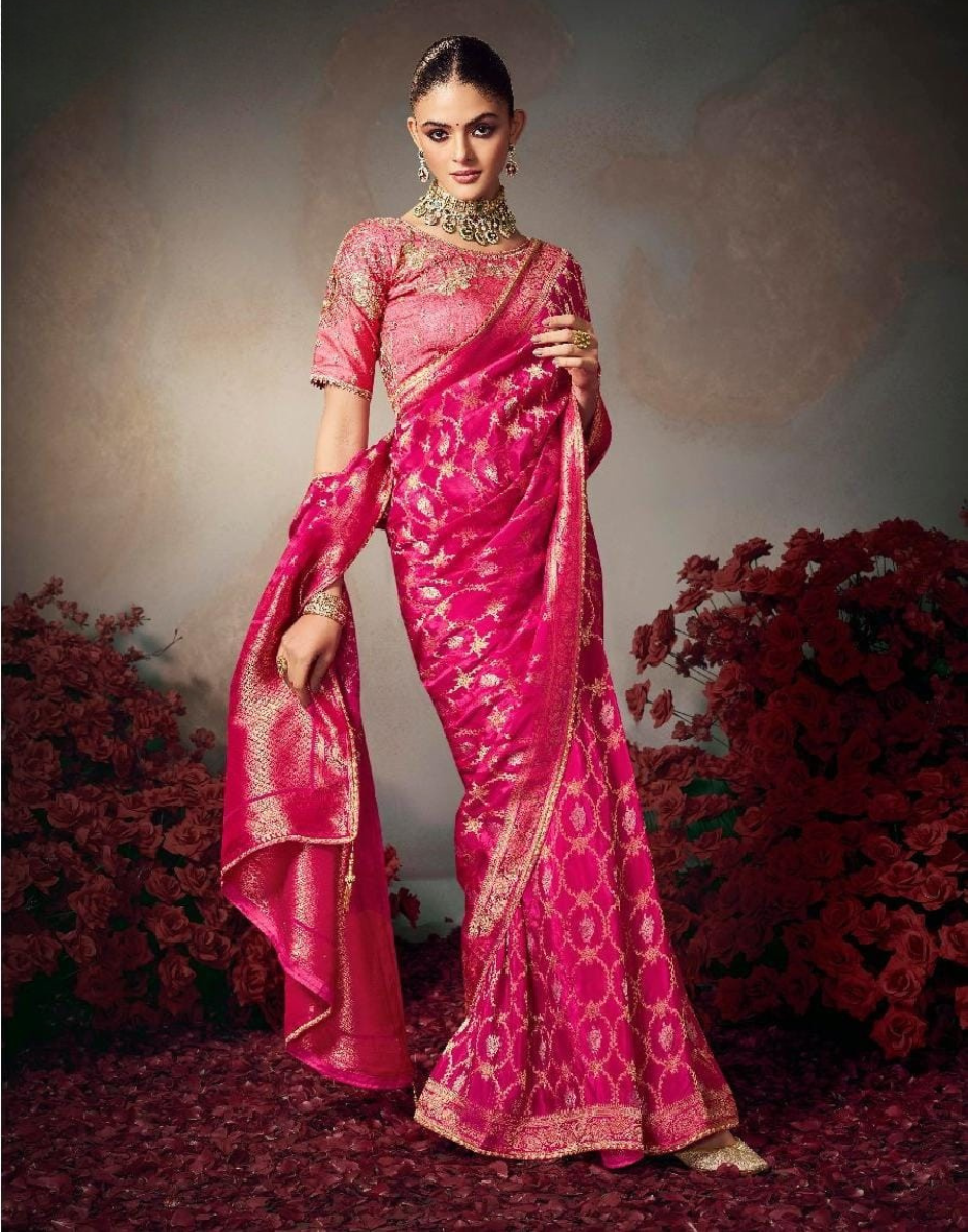 Classic Pink Chiniya Silk Saree with Beautiful Lace Border & Heavy Designer Blouse