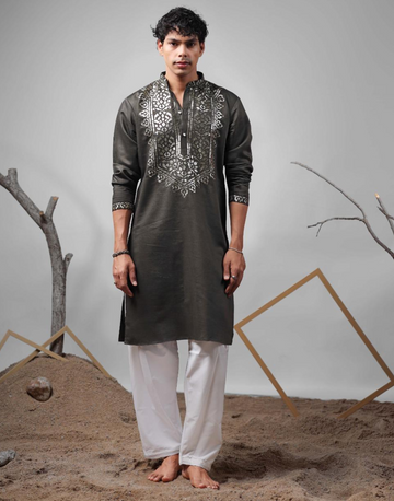 Grey Silk Blend Kurta Pyjama for Men Foil Print & Embroidery for Festive Flair - Buy