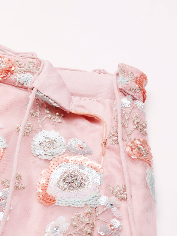 Pink Net Sequins and Zarkan embroidery Semi-Stitched Lehenga choli & Dupatta - Rent