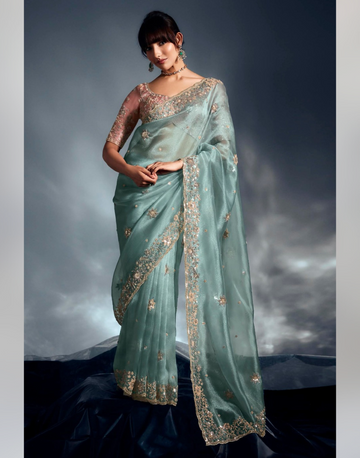 Chic Sky Blue Organza Saree with Ornate Border Pure Tissue with Moti, Sequin & Cutdana Hand Embroidery