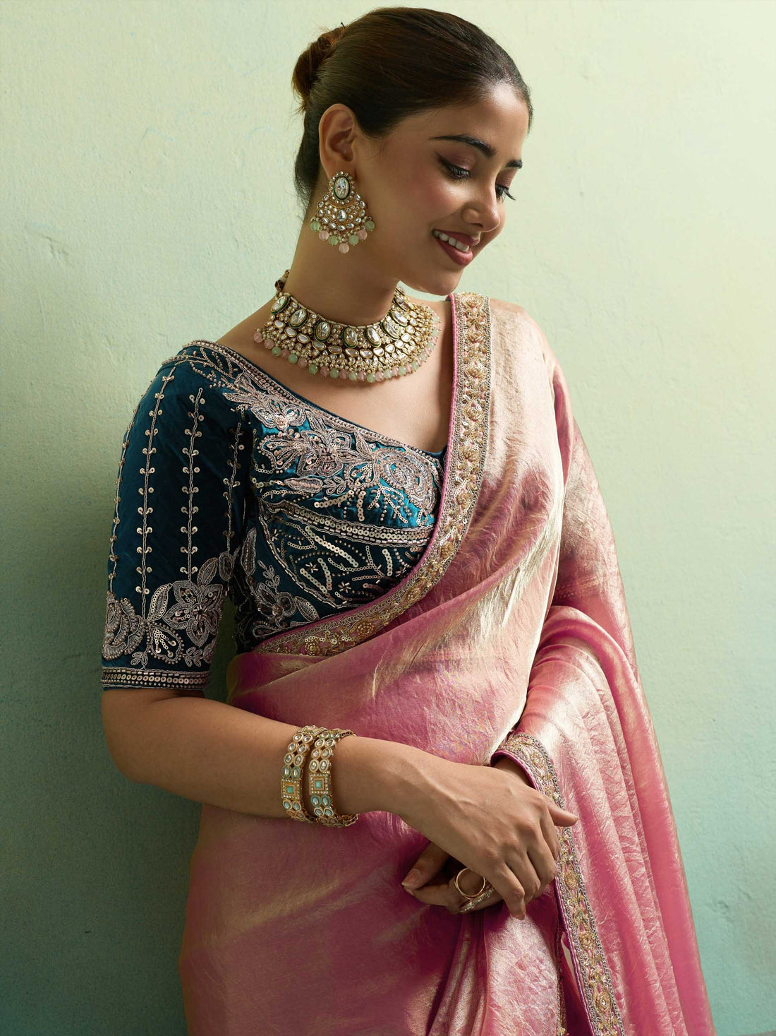 Pink Satin Velvet Partywear Saree for Reception - RENT