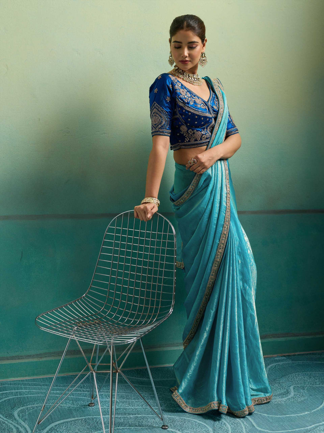 Blue Satin Velvet Partywear Saree for Sangeet - RENT