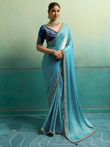 Blue Satin Velvet Partywear Saree for Sangeet - RENT