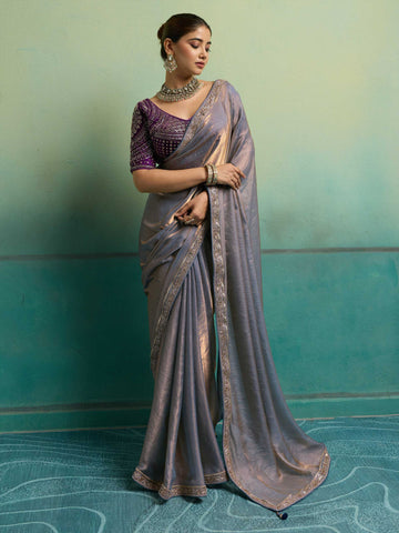 Purple Satin Velvet Partywear Saree for Sangeet - RENT