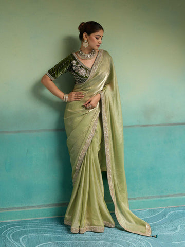 Pista Green Satin Velvet Partywear Saree for Mehendi - RENT