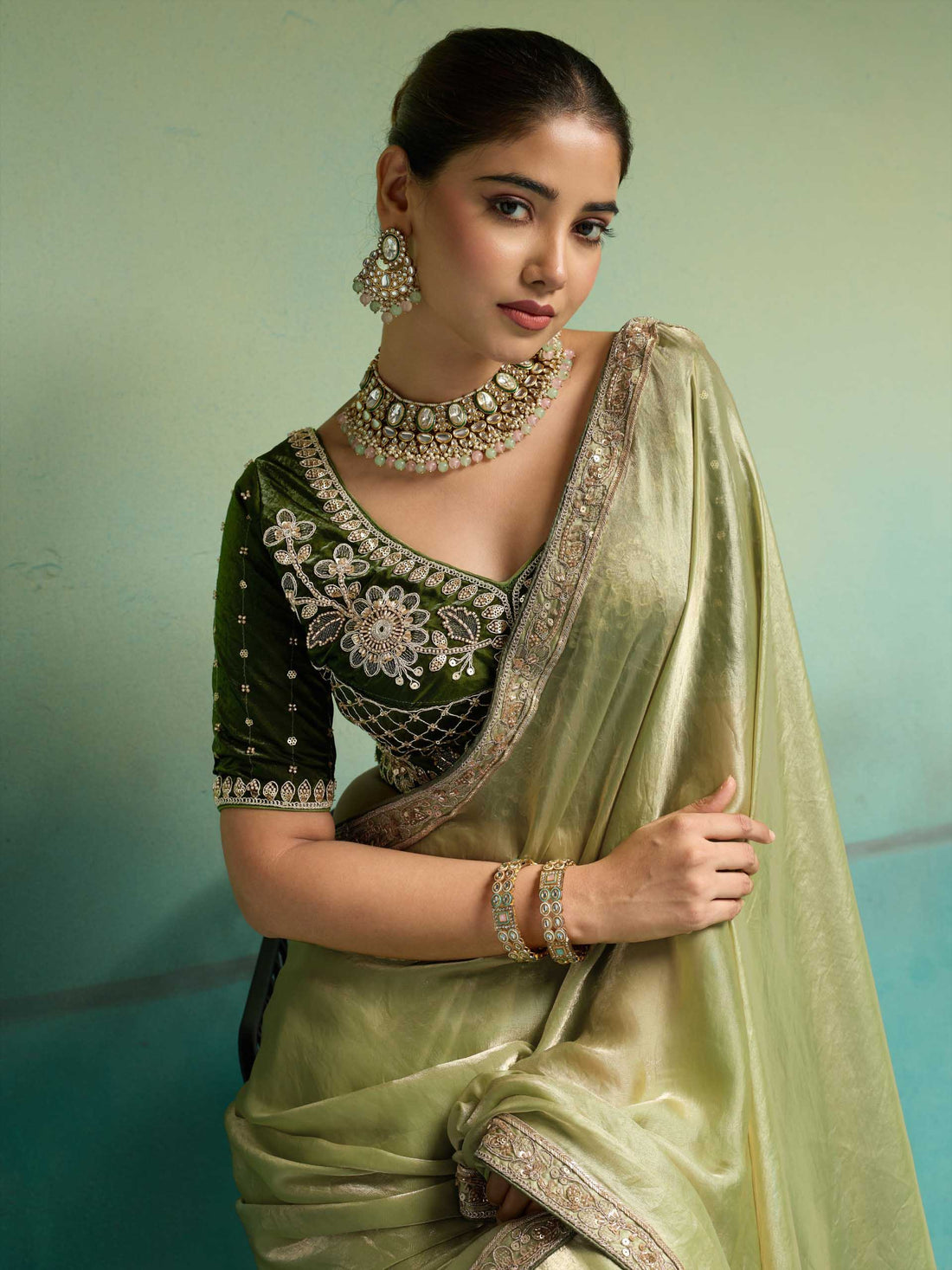 Pista Green Satin Velvet Partywear Saree for Mehendi - RENT