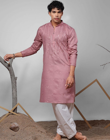 Mauve Magic Embroidered Art Silk Kurta Pyjama Set for Men Ethnic Style with a Modern Twist - Buy