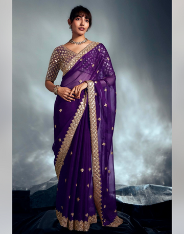 Graceful Purple Organza Saree in Pure Tissue Designer Border Adorned with Moti, Cutdana & Sequin Work