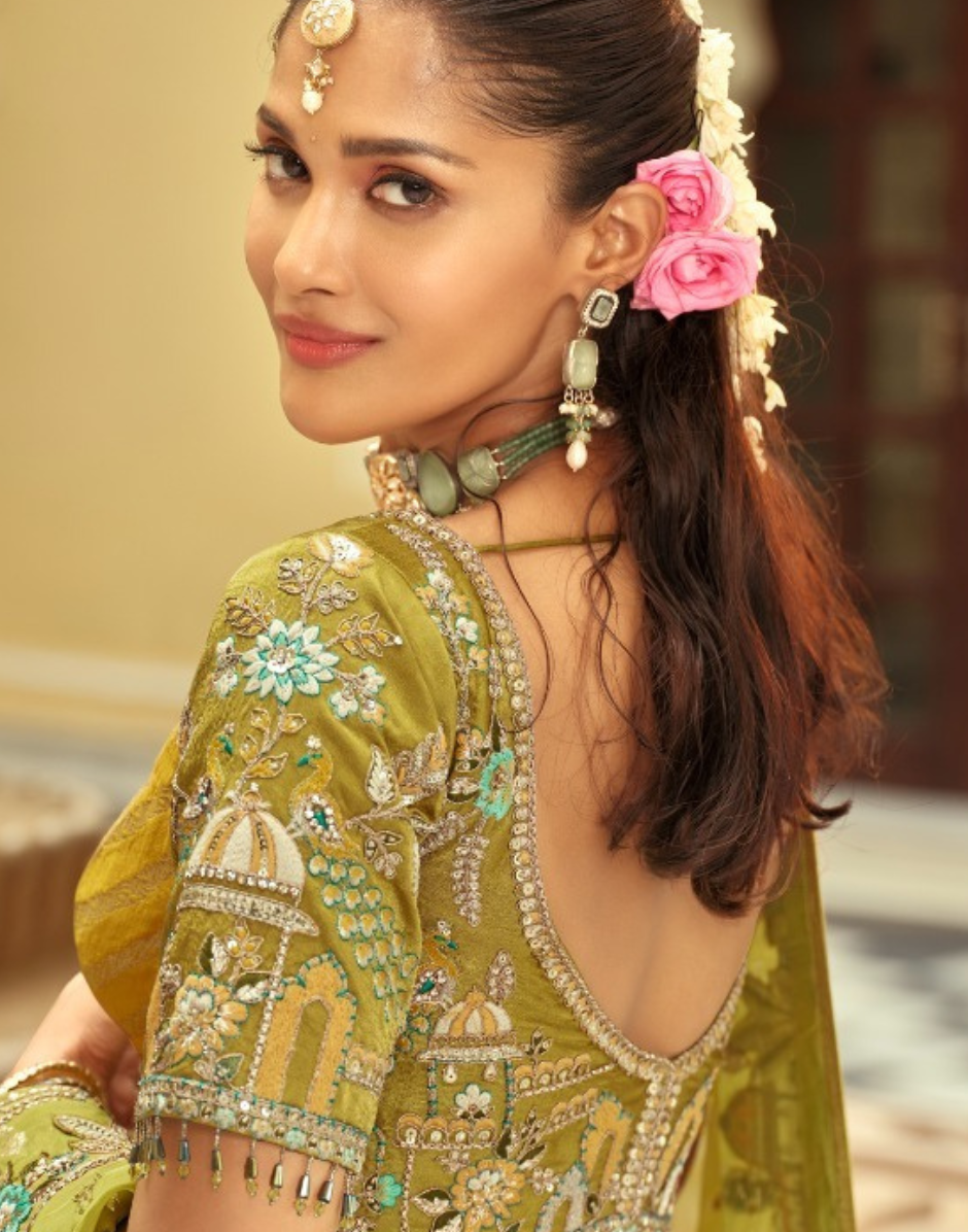 Silk Lehenga with Heavy Embroidery, Cut Work Border & Art Mirror Work Designer Blouse & Net Dupatta - Buy