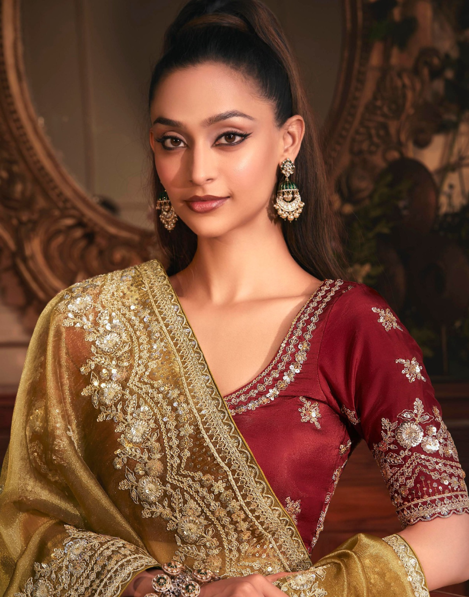 Mehendi Green Organza Saree with Heavy Stone Embroidered Border & Designer Butta Work Perfect for Festive & Wedding Wear - Buy