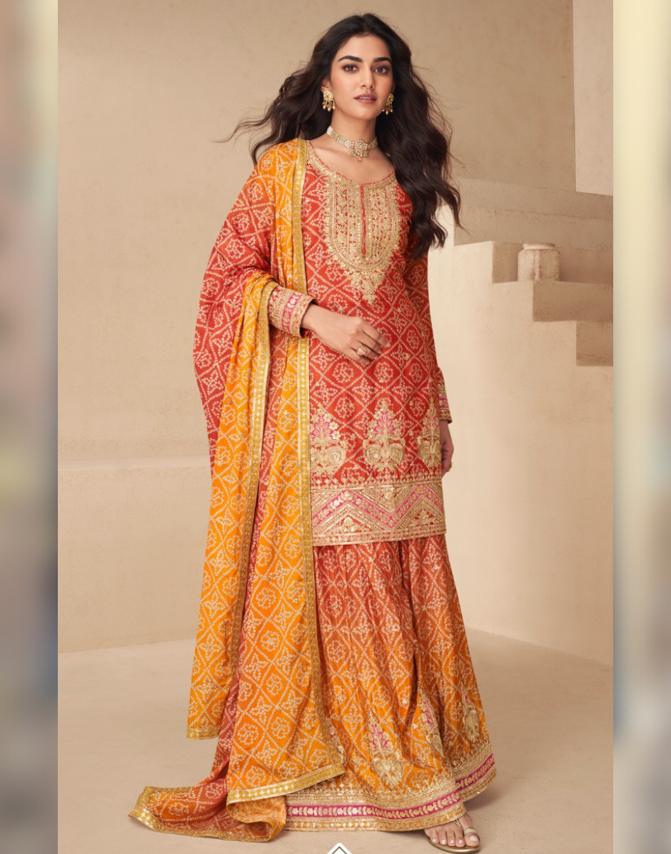 Chinnon Silk Top Palazzo Dupatta Set Embroidered Yellow Orange Ensemble - Buy