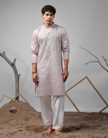 Men’s Grey Art Silk Kurta Pyjama with Intricate Embroidery Ethnic Style Redefined - Buy