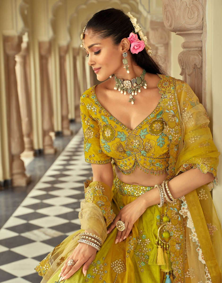 Elegant Silk Lehenga with Cut-Work and Mirror Embellishments Embroidered Blouse & Net Dupatta - Buy