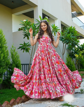 Graceful Moves Pink Rayon Fully Flared Gown with Stunning Digital Print Patterns
