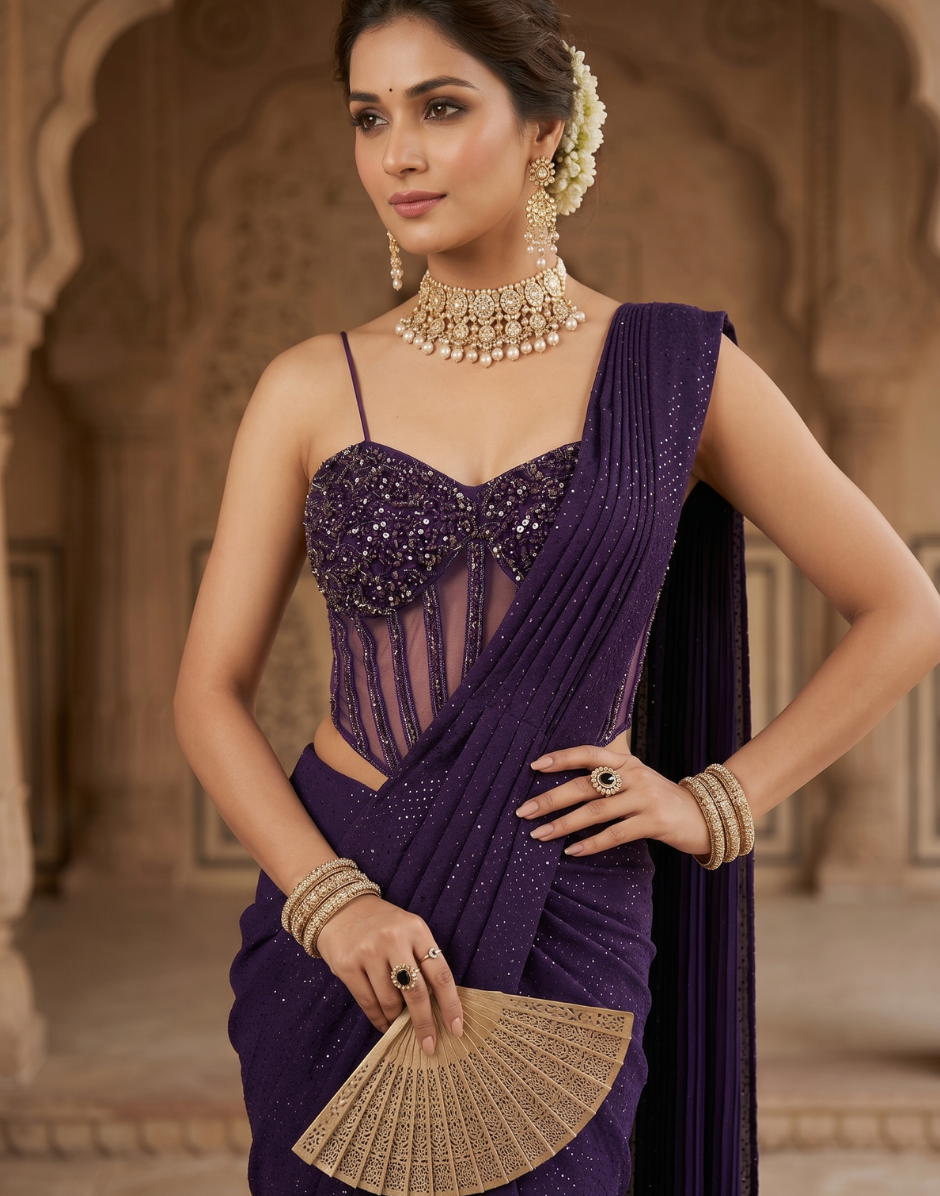 Royal Purple Shimmer Saree with Embellished Corset Blouse