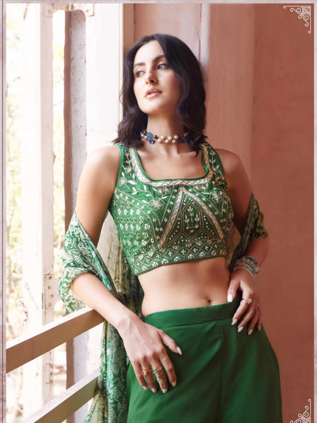 Green Georgette Embroidery Sharara - Rent