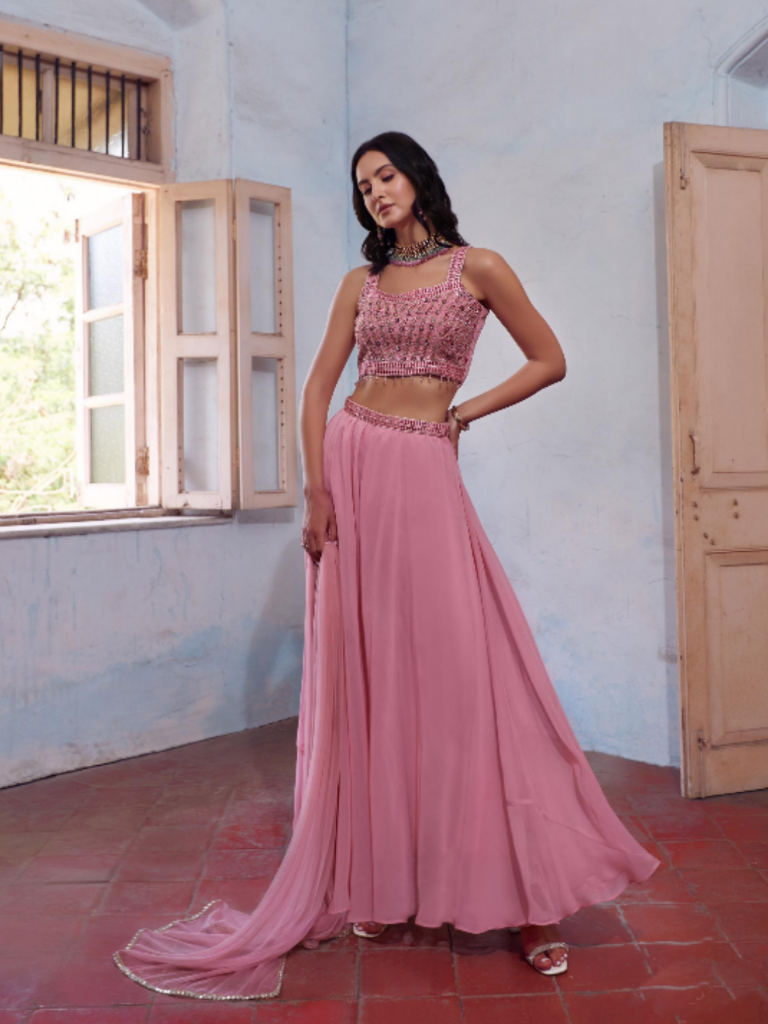 Pink Georgette Embroidery Sharara - Rent