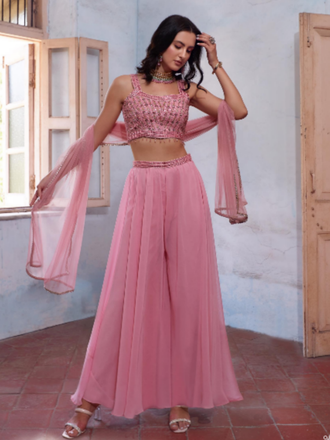 Pink Georgette Embroidery Sharara - Rent