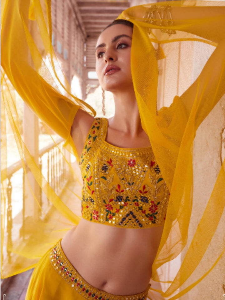 Yellow Georgette Embroidery Sharara - Rent