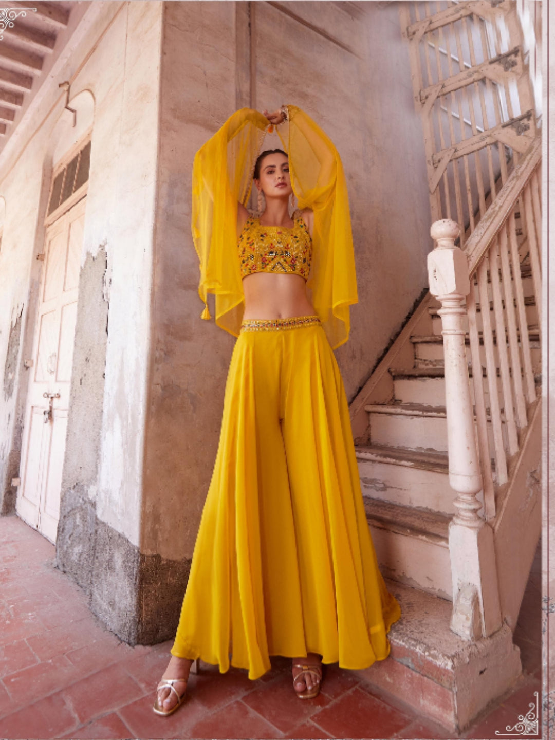 Yellow Georgette Embroidery Sharara - Rent