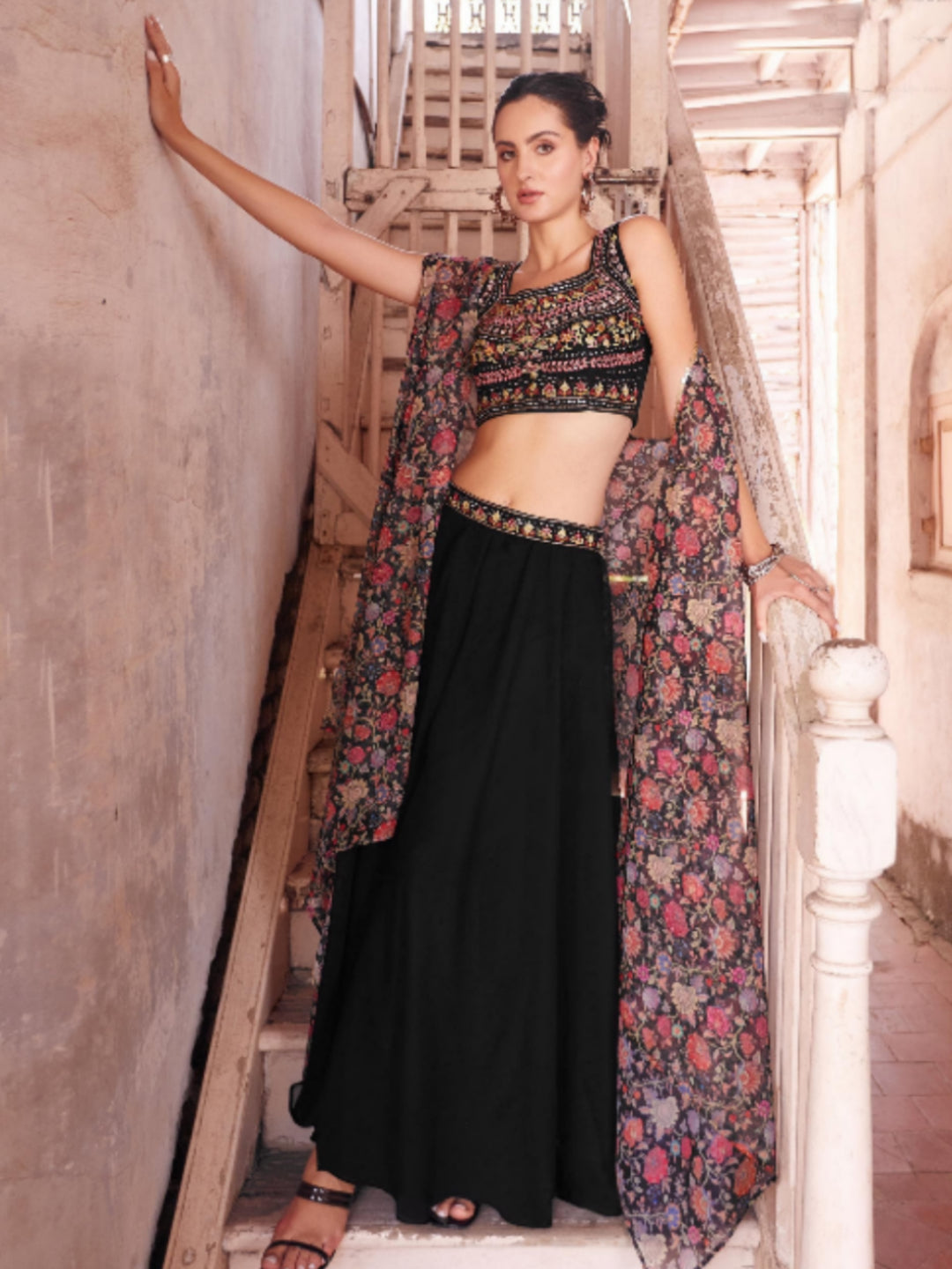 Black Georgette Embroidery Sharara - Rent