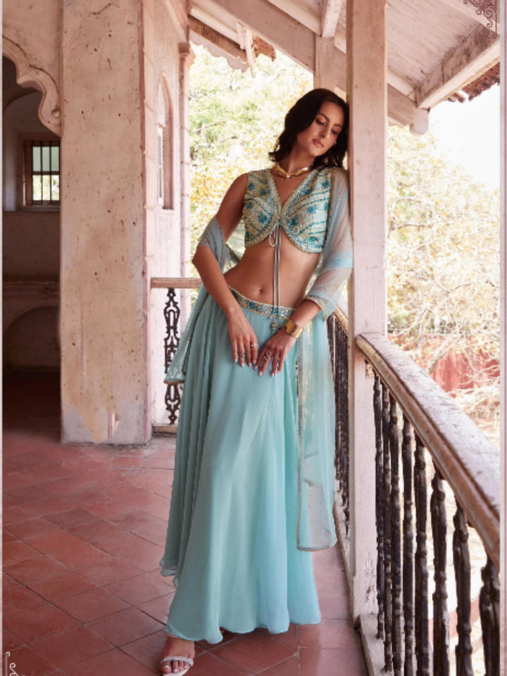 Sky Blue Georgette Embroidery Sharara - Rent