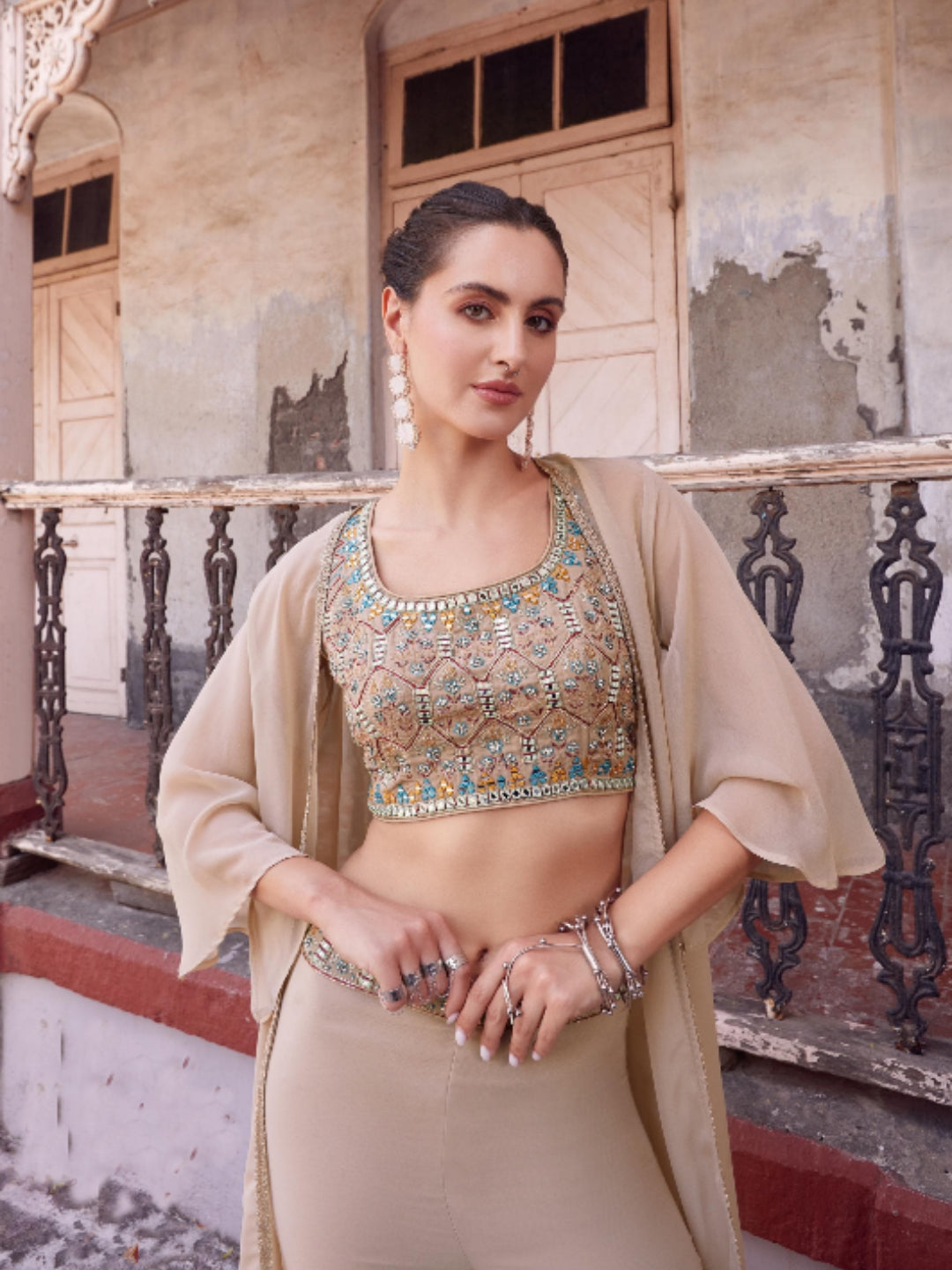 Tan Cream Georgette Embroidery Sharara - Rent