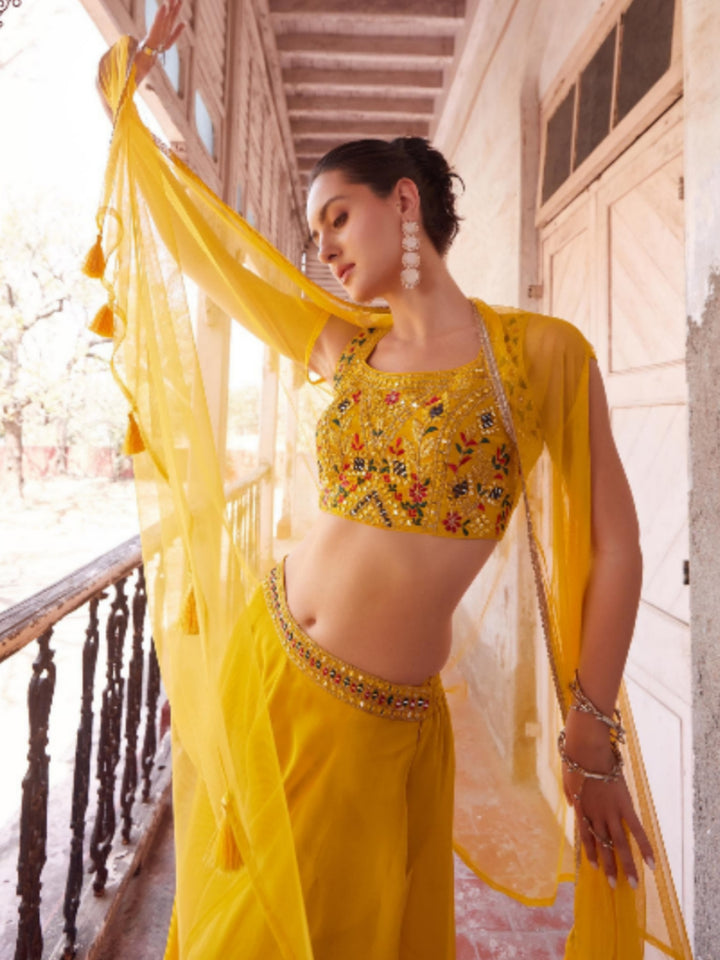 Yellow Georgette Embroidery Sharara - Rent