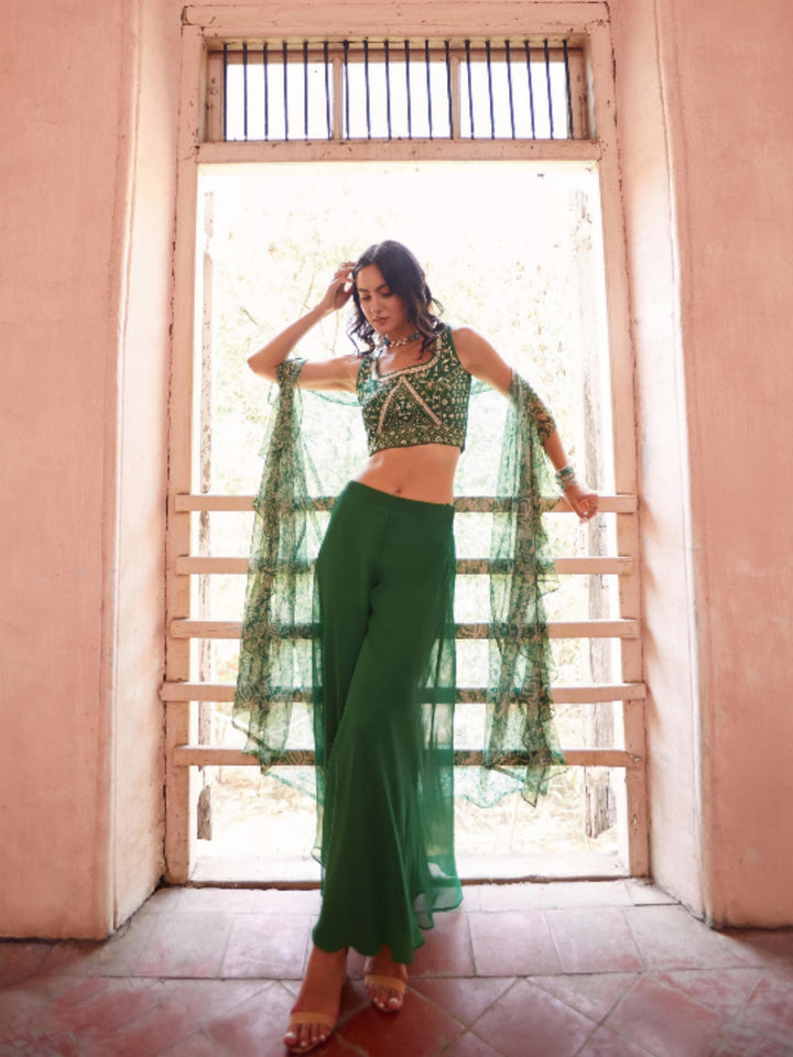 Green Georgette Embroidery Sharara - Rent