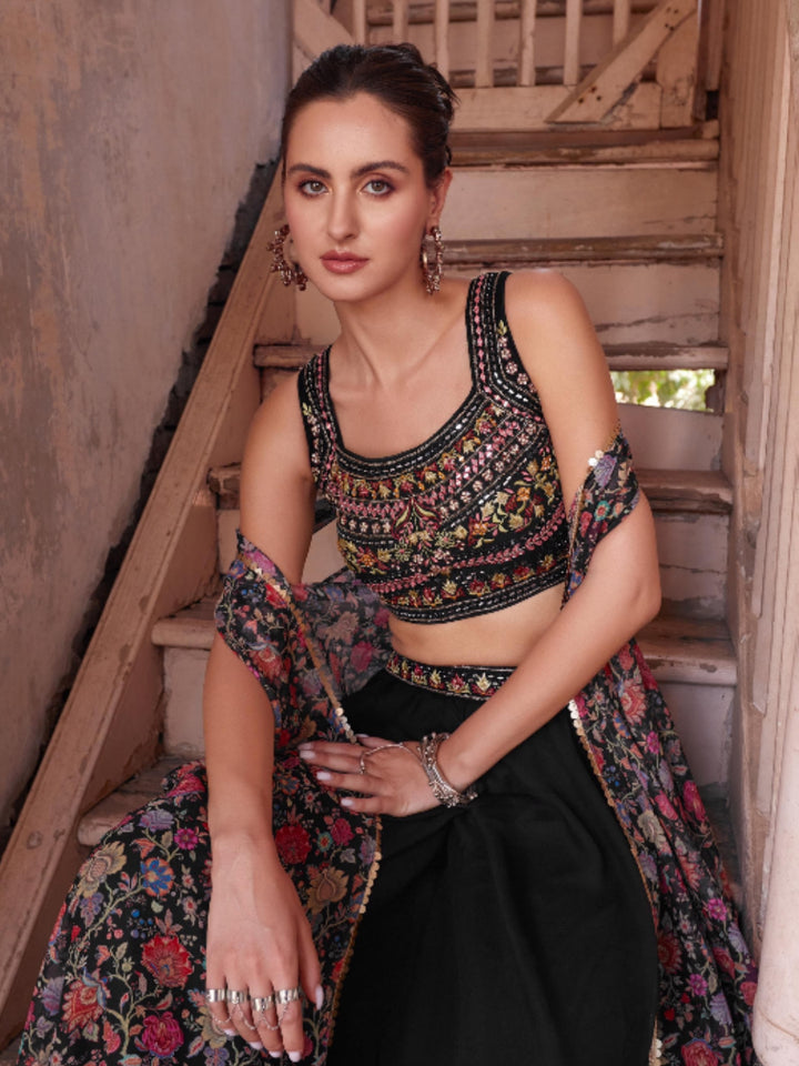 Black Georgette Embroidery Sharara - Rent