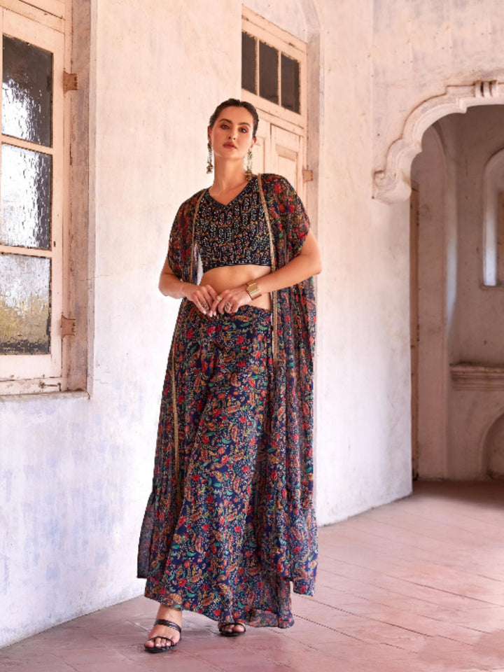 Navy Blue  Georgette Embroidery Sharara - Rent