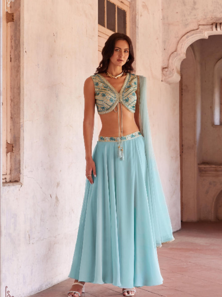 Sky Blue Georgette Embroidery Sharara - Rent