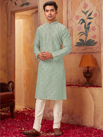 Serenity in Green Pista Green Kurta with White Pajama Ensemble - Rent